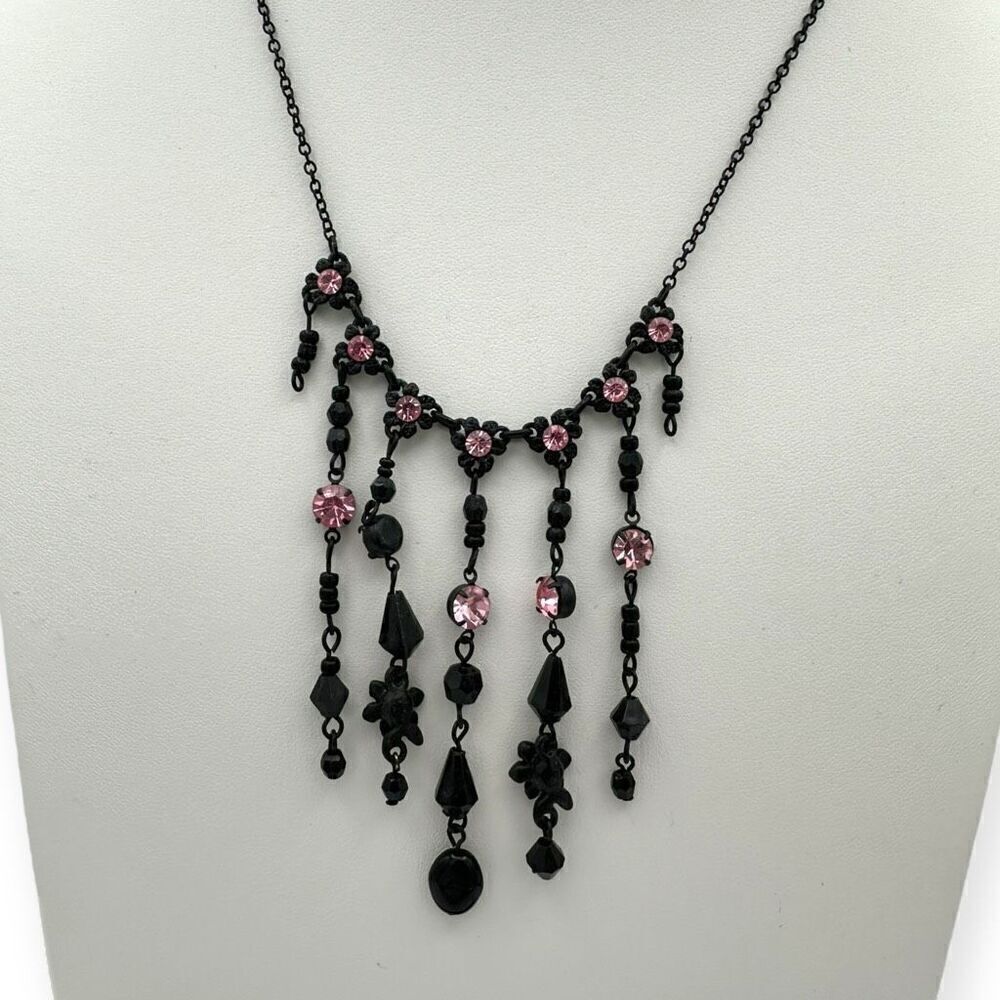 Black chain collar necklace with beading in black and pink 7 strands